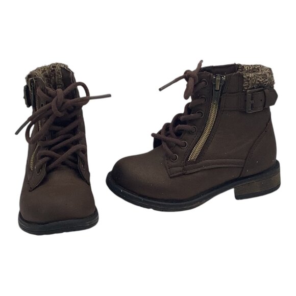 Wonder Nation Boots Toddler Girls Sz 8 Brown Lace Up W/ Side Zipper & Knit Cuff - Picture 1 of 12